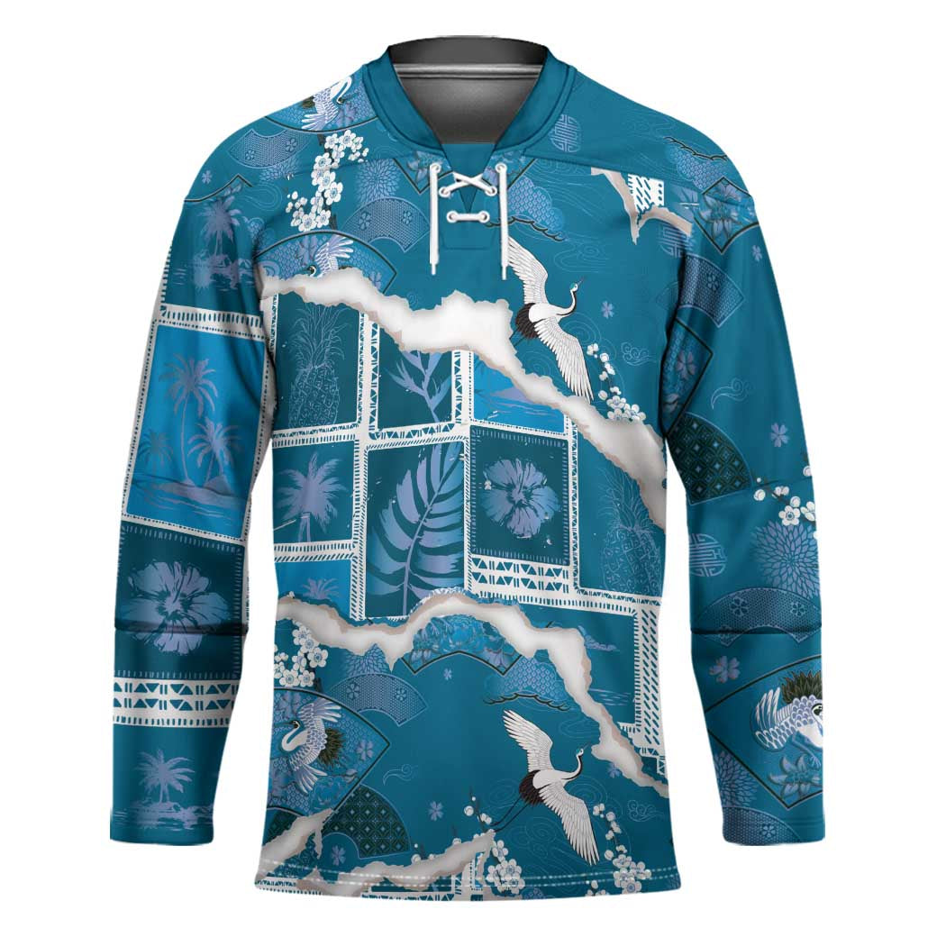 Hawaii Japanese Culture Blue Hockey Jersey Spring Cranes Aloha Pattern LT01