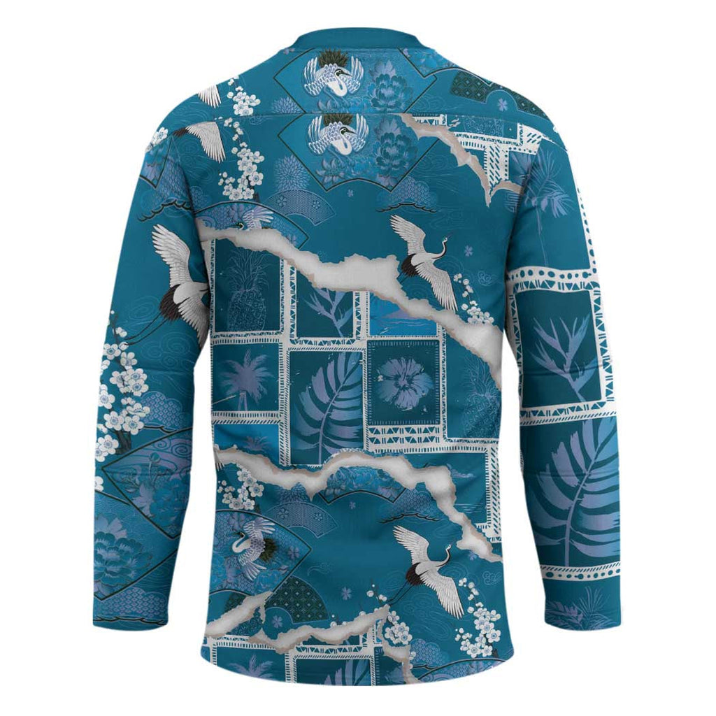 Hawaii Japanese Culture Blue Hockey Jersey Spring Cranes Aloha Pattern LT01