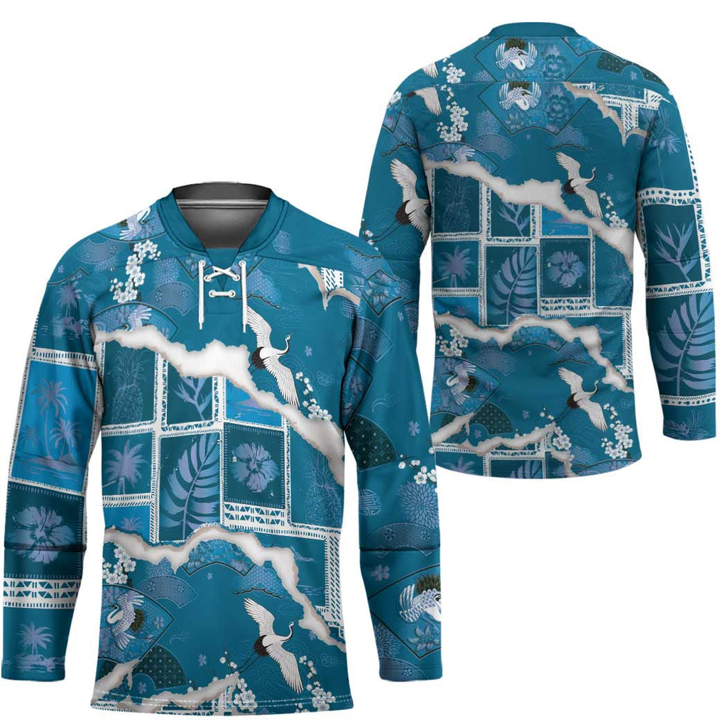 Hawaii Japanese Culture Blue Hockey Jersey Spring Cranes Aloha Pattern LT01