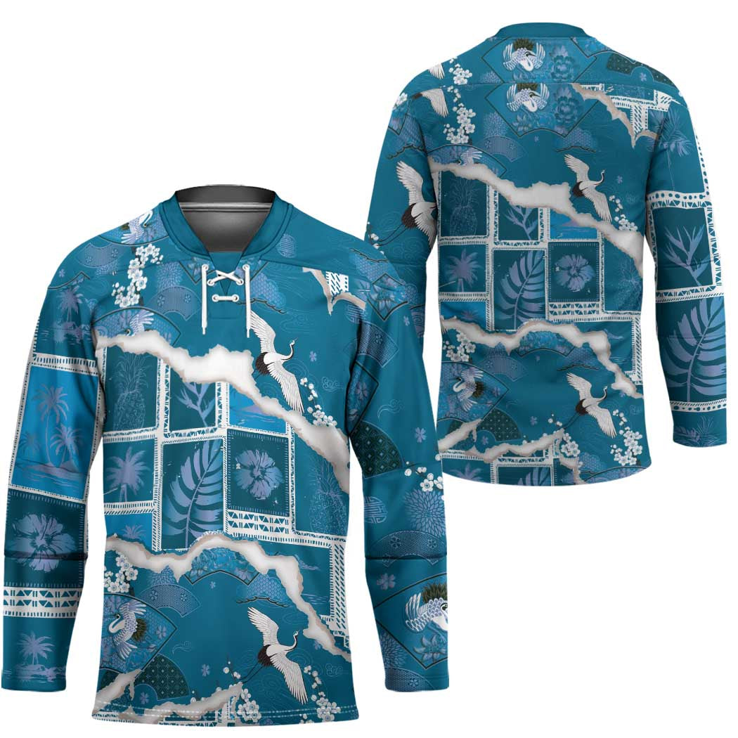 Hawaii Japanese Culture Blue Hockey Jersey Spring Cranes Aloha Pattern LT01