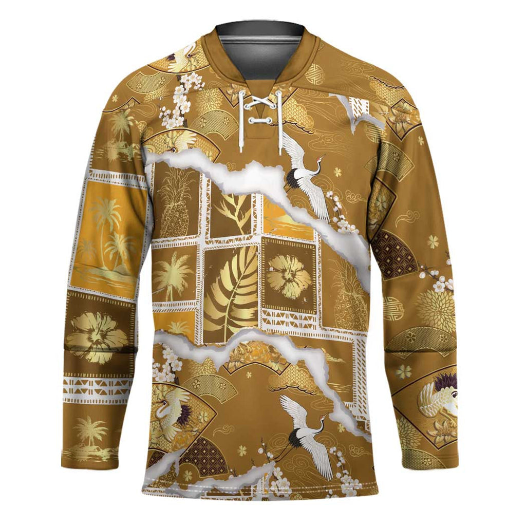 Hawaii Japanese Culture Gold Hockey Jersey Spring Cranes Aloha Pattern LT01