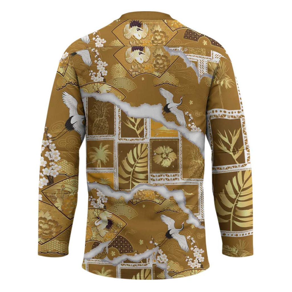 Hawaii Japanese Culture Gold Hockey Jersey Spring Cranes Aloha Pattern LT01