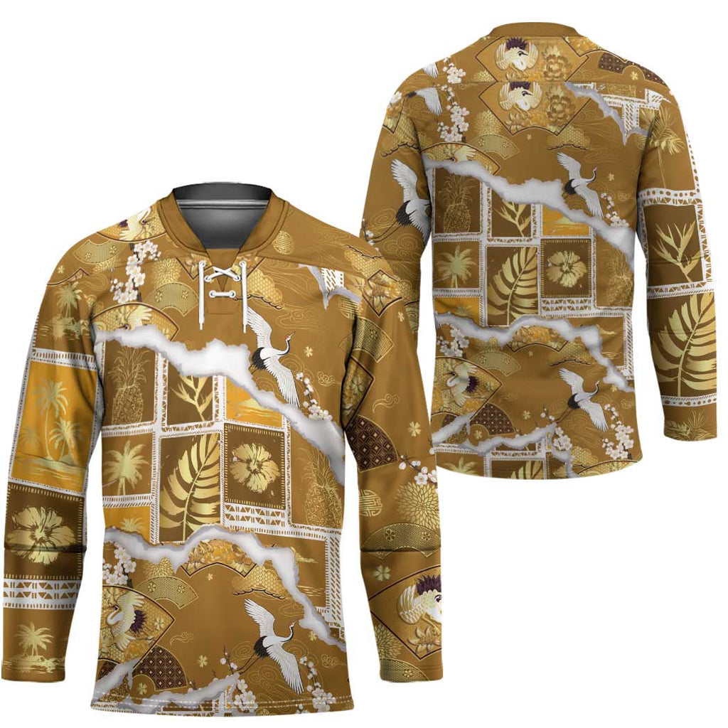 Hawaii Japanese Culture Gold Hockey Jersey Spring Cranes Aloha Pattern LT01