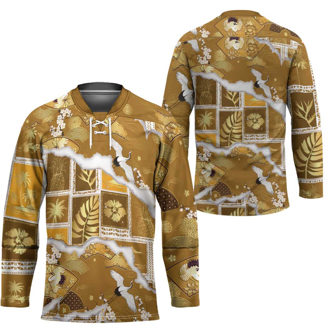 Hawaii Japanese Culture Gold Hockey Jersey Spring Cranes Aloha Pattern LT01