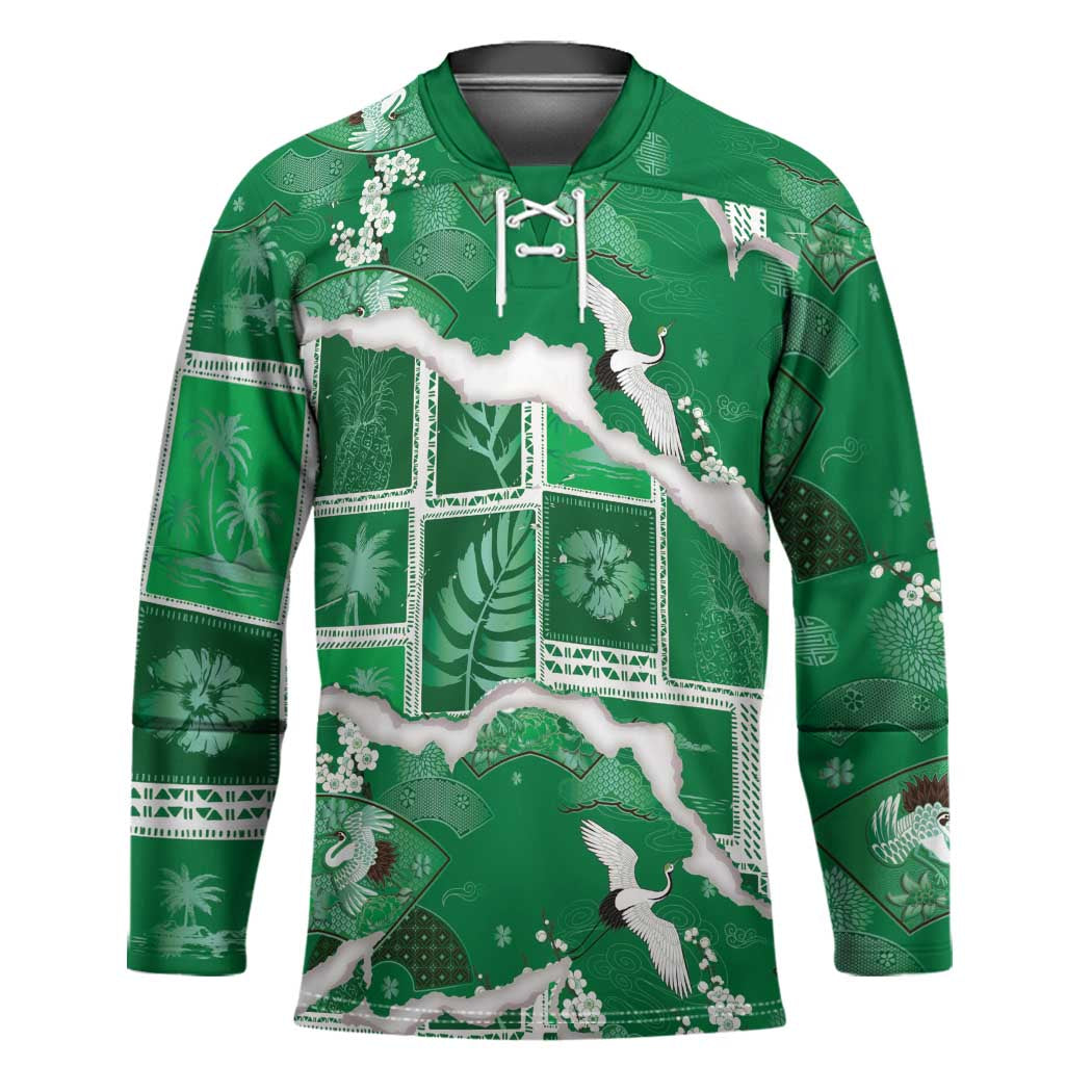 Hawaii Japanese Culture Green Hockey Jersey Spring Cranes Aloha Pattern LT01