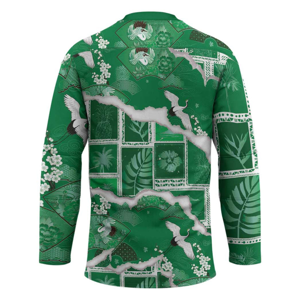 Hawaii Japanese Culture Green Hockey Jersey Spring Cranes Aloha Pattern LT01