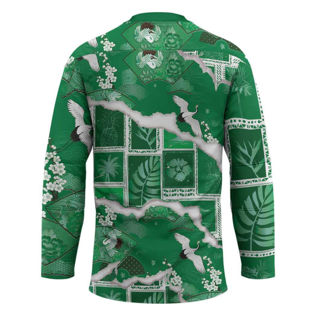 Hawaii Japanese Culture Green Hockey Jersey Spring Cranes Aloha Pattern LT01