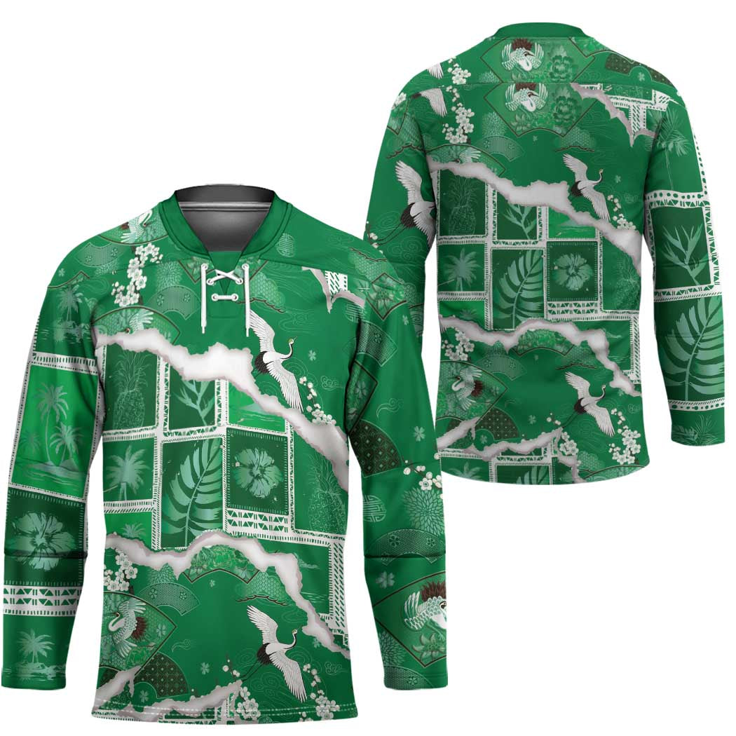 Hawaii Japanese Culture Green Hockey Jersey Spring Cranes Aloha Pattern LT01