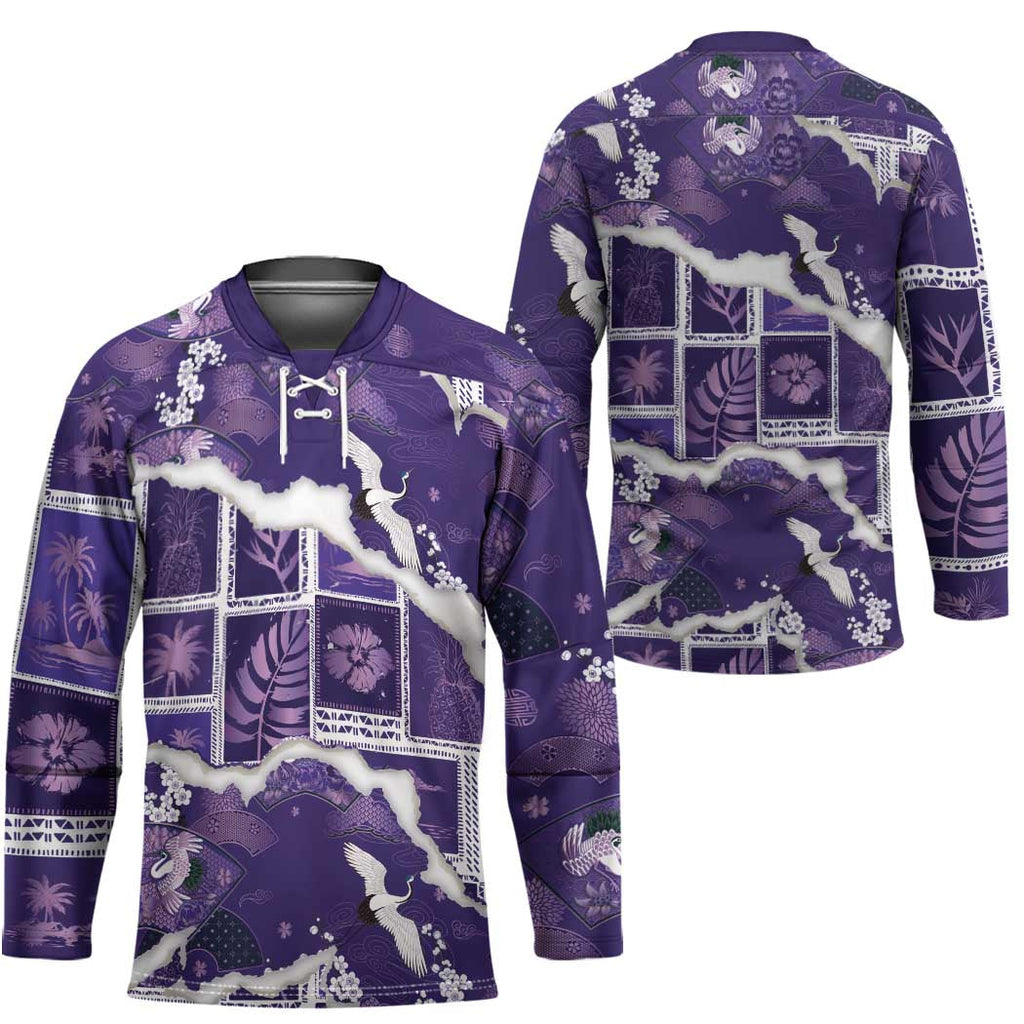 Hawaii Japanese Culture Purple Hockey Jersey Spring Cranes Aloha Pattern LT01