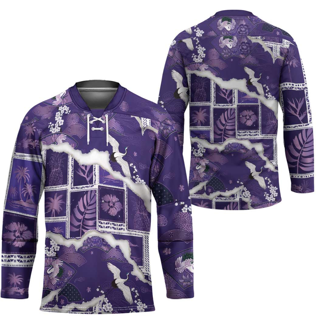 Hawaii Japanese Culture Purple Hockey Jersey Spring Cranes Aloha Pattern LT01