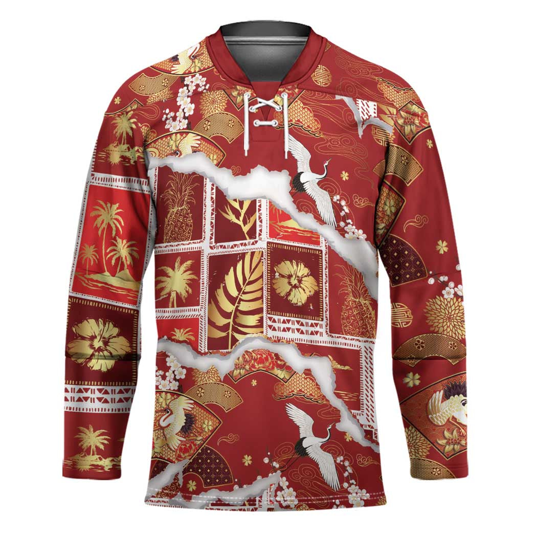 Hawaii Japanese Culture Red Hockey Jersey Spring Cranes Aloha Pattern LT01