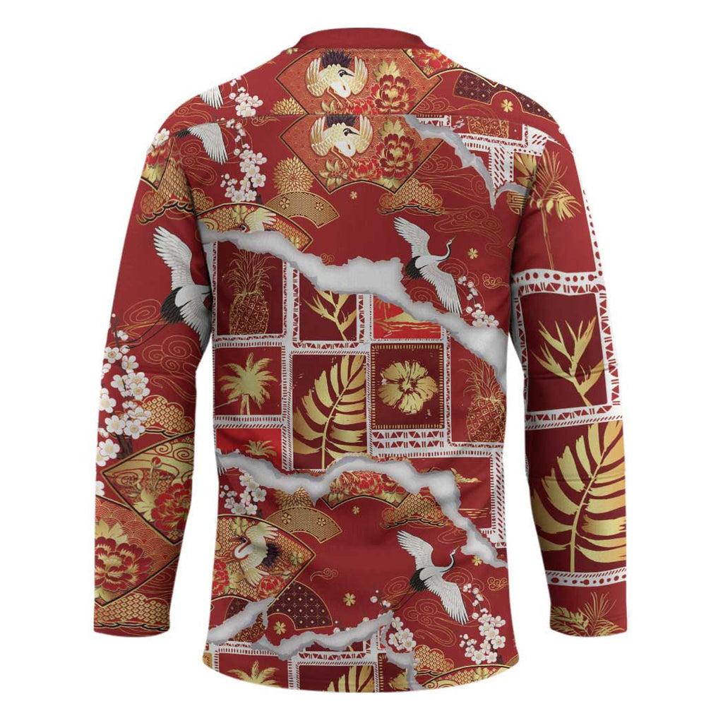 Hawaii Japanese Culture Red Hockey Jersey Spring Cranes Aloha Pattern LT01