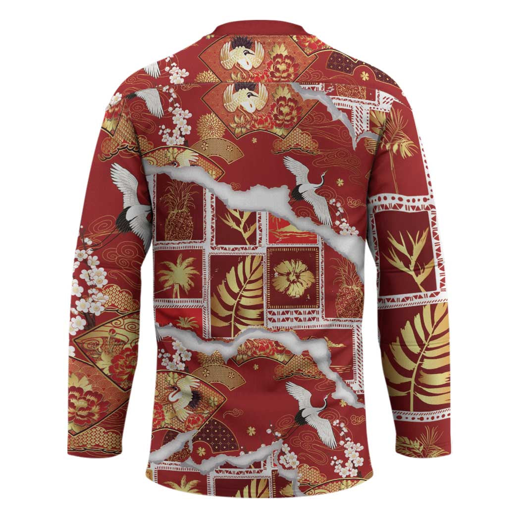 Hawaii Japanese Culture Red Hockey Jersey Spring Cranes Aloha Pattern LT01