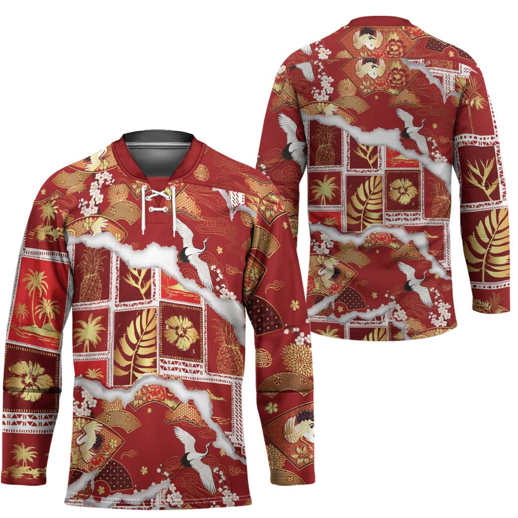Hawaii Japanese Culture Red Hockey Jersey Spring Cranes Aloha Pattern LT01