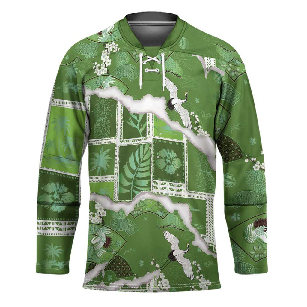 Hawaii Japanese Culture Sage Green Hockey Jersey Spring Cranes Aloha Pattern LT01