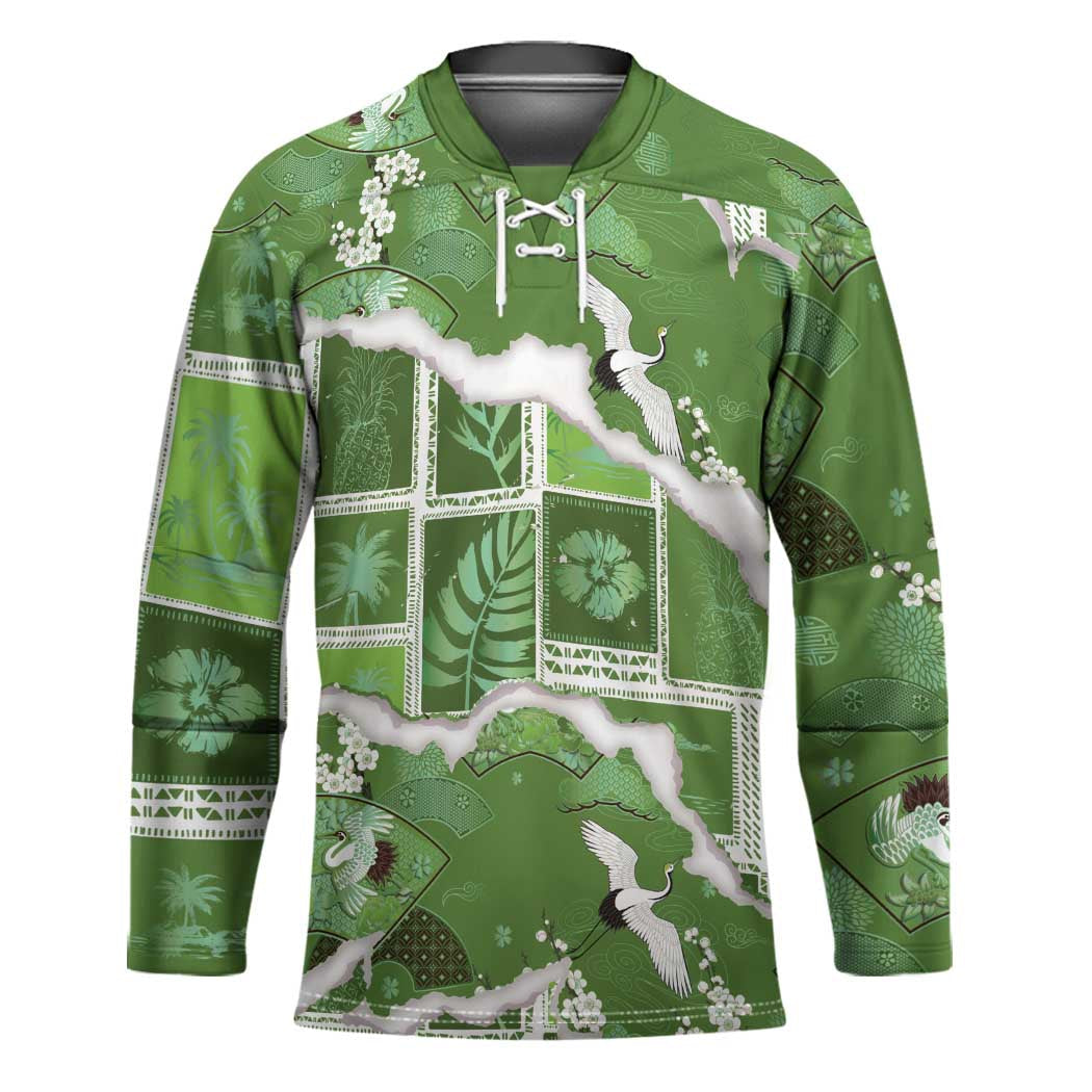 Hawaii Japanese Culture Sage Green Hockey Jersey Spring Cranes Aloha Pattern LT01