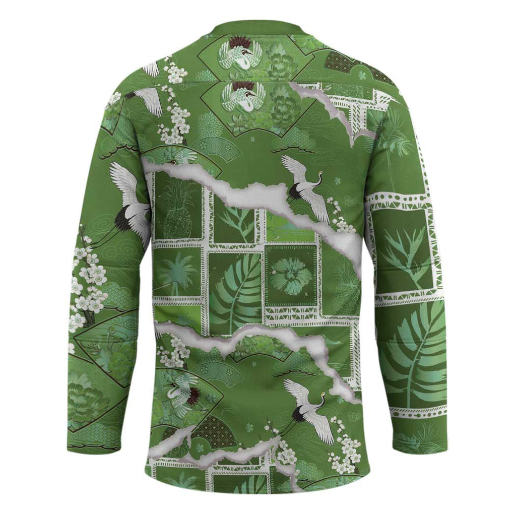 Hawaii Japanese Culture Sage Green Hockey Jersey Spring Cranes Aloha Pattern LT01