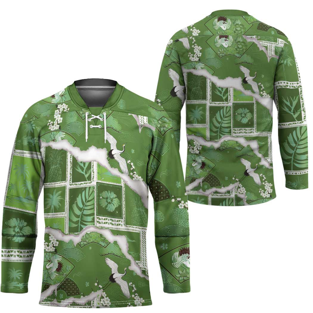 Hawaii Japanese Culture Sage Green Hockey Jersey Spring Cranes Aloha Pattern LT01