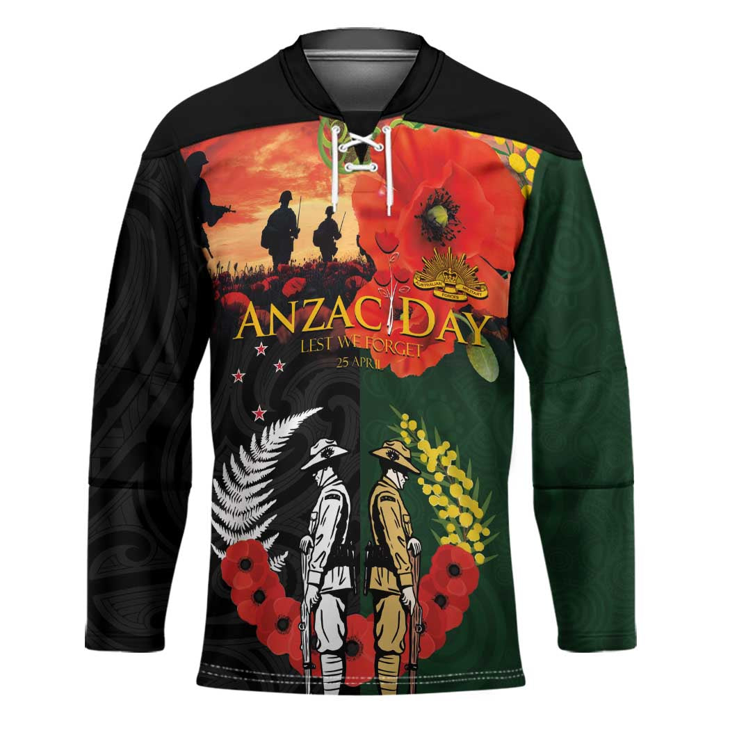 New Zealand and Australia ANZAC Day Hockey Jersey Lest We Forget Indigenous and Maori Pattern LT03