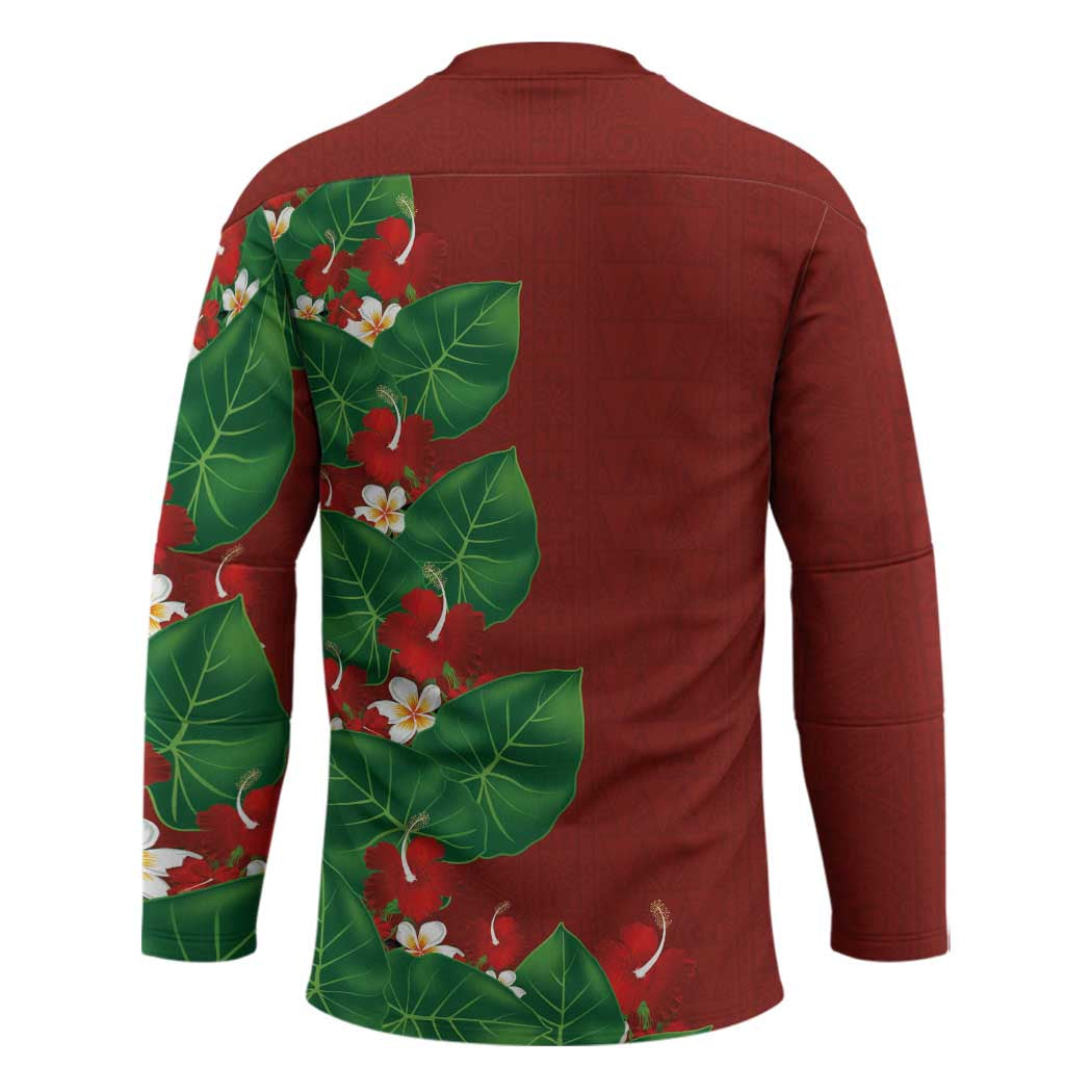 Hawaiian Taro Leaves-Hibiscus and Plumeria Hockey Jersey Polynesian Art-Kakau Tattoo Red LT03