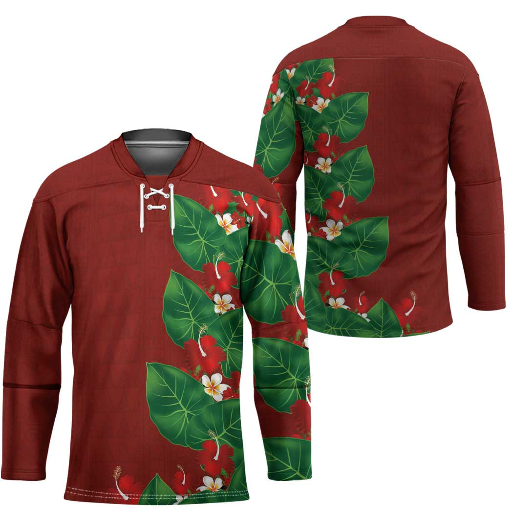 Hawaiian Taro Leaves-Hibiscus and Plumeria Hockey Jersey Polynesian Art-Kakau Tattoo Red LT03