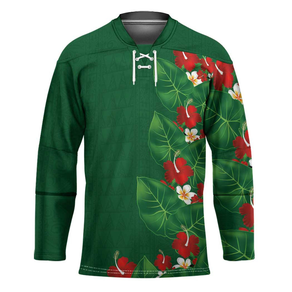 Hawaiian Taro Leaves-Hibiscus and Plumeria Hockey Jersey Polynesian Art-Kakau Tattoo Green LT03