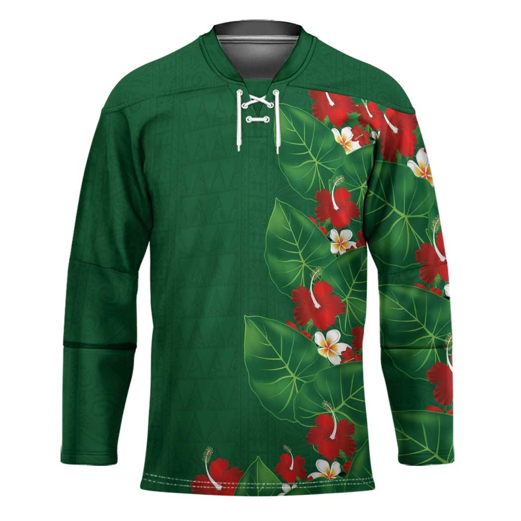 Hawaiian Taro Leaves-Hibiscus and Plumeria Hockey Jersey Polynesian Art-Kakau Tattoo Green LT03