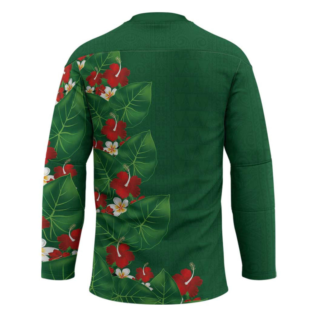 Hawaiian Taro Leaves-Hibiscus and Plumeria Hockey Jersey Polynesian Art-Kakau Tattoo Green LT03