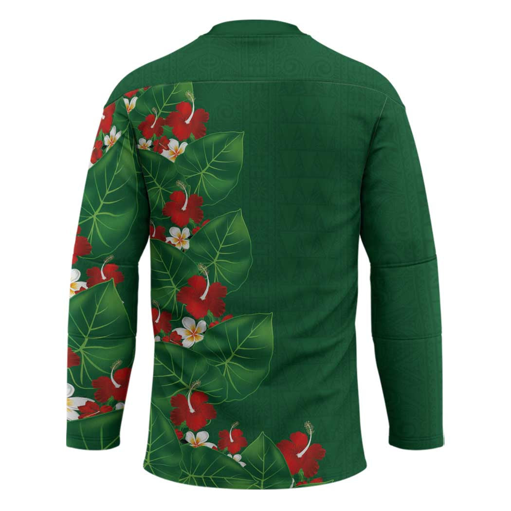 Hawaiian Taro Leaves-Hibiscus and Plumeria Hockey Jersey Polynesian Art-Kakau Tattoo Green LT03
