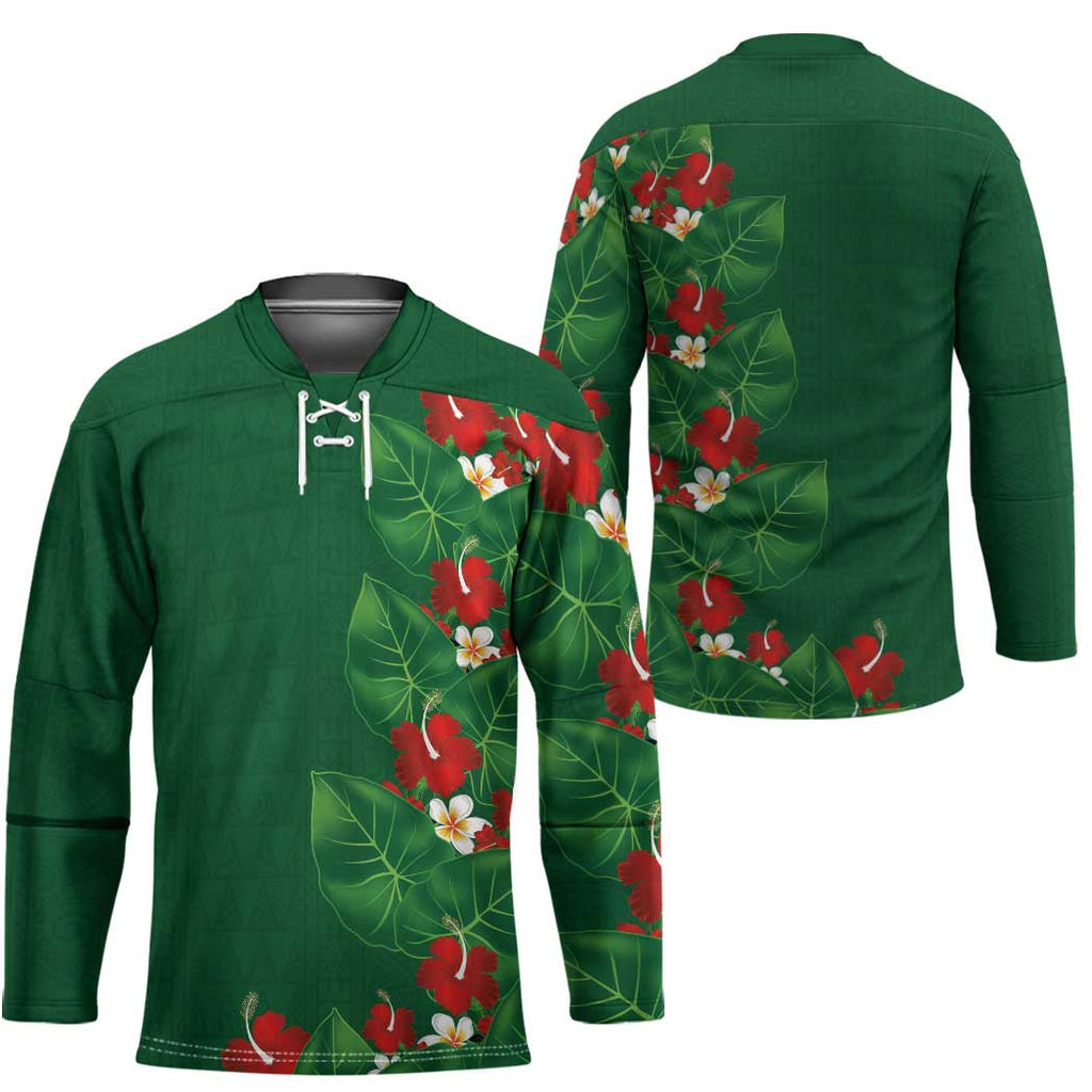 Hawaiian Taro Leaves-Hibiscus and Plumeria Hockey Jersey Polynesian Art-Kakau Tattoo Green LT03