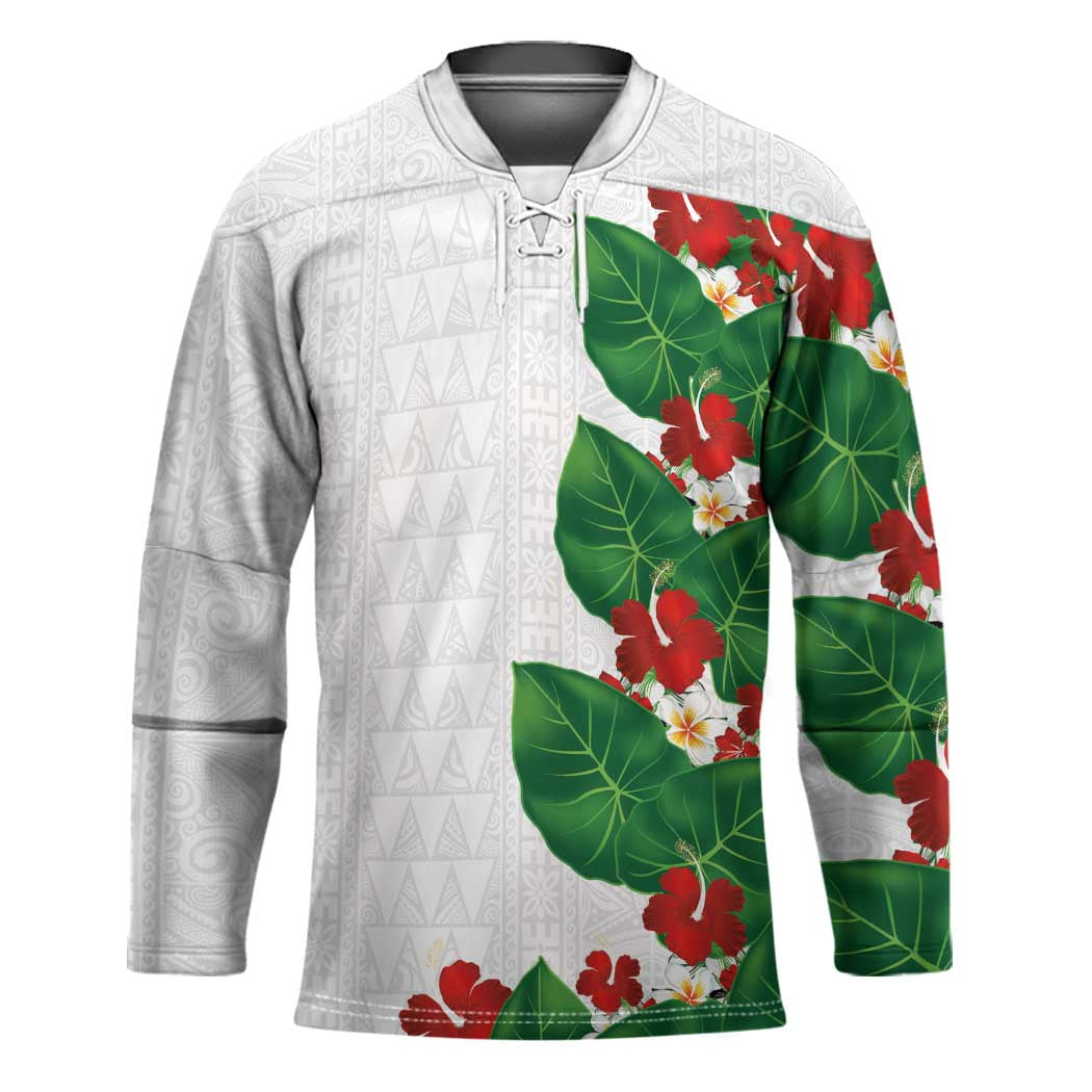 Hawaiian Taro Leaves-Hibiscus and Plumeria Hockey Jersey Polynesian Art-Kakau Tattoo White LT03