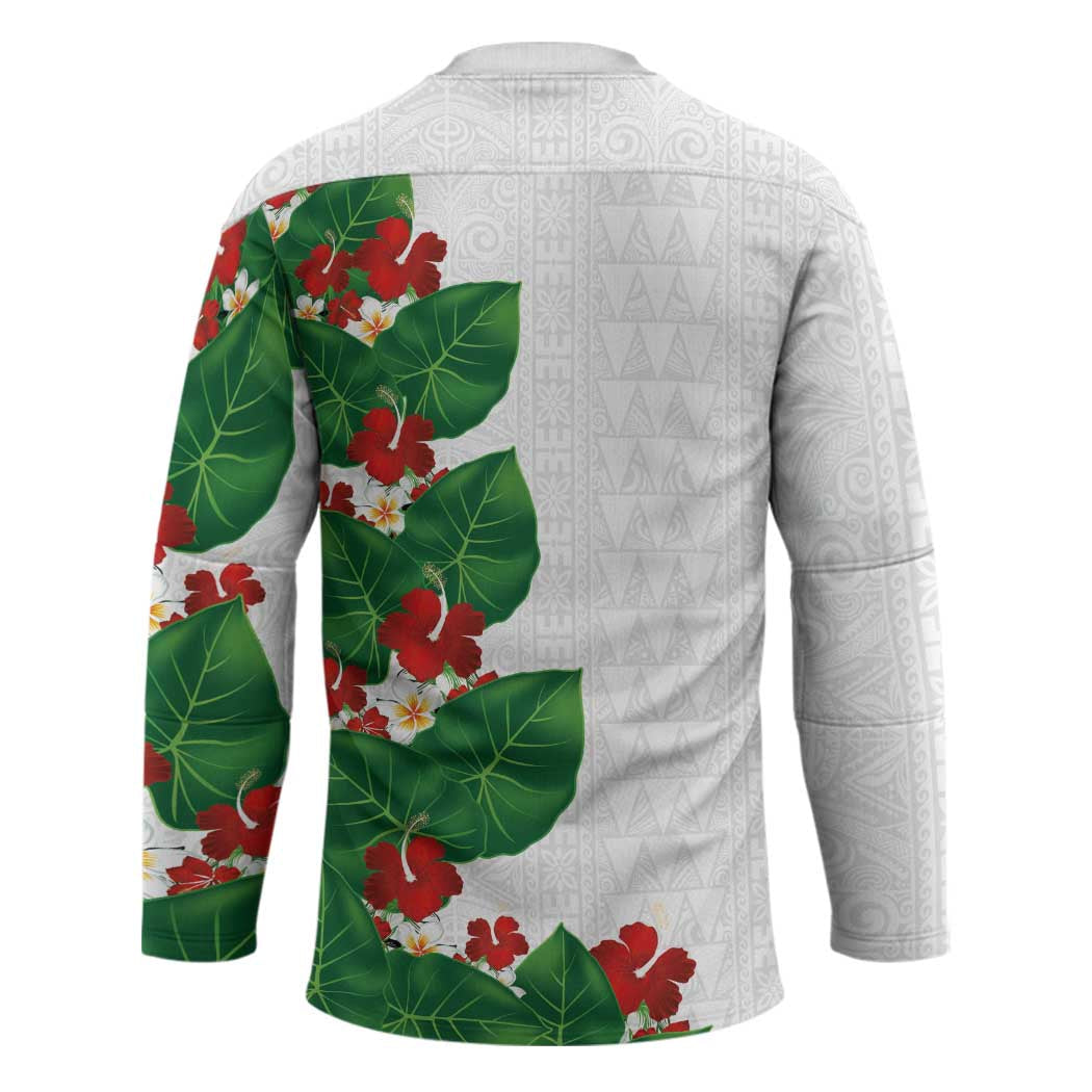 Hawaiian Taro Leaves-Hibiscus and Plumeria Hockey Jersey Polynesian Art-Kakau Tattoo White LT03