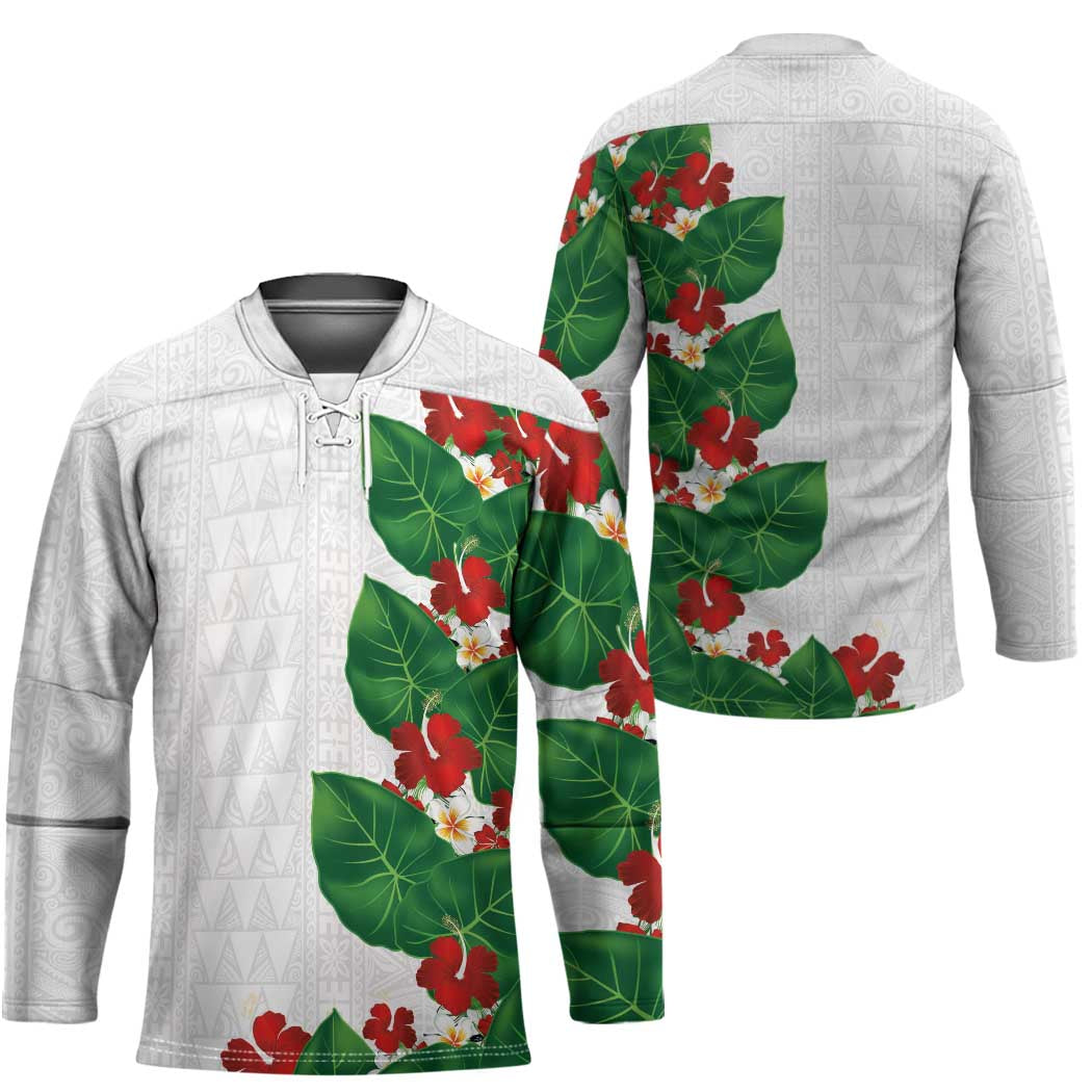 Hawaiian Taro Leaves-Hibiscus and Plumeria Hockey Jersey Polynesian Art-Kakau Tattoo White LT03