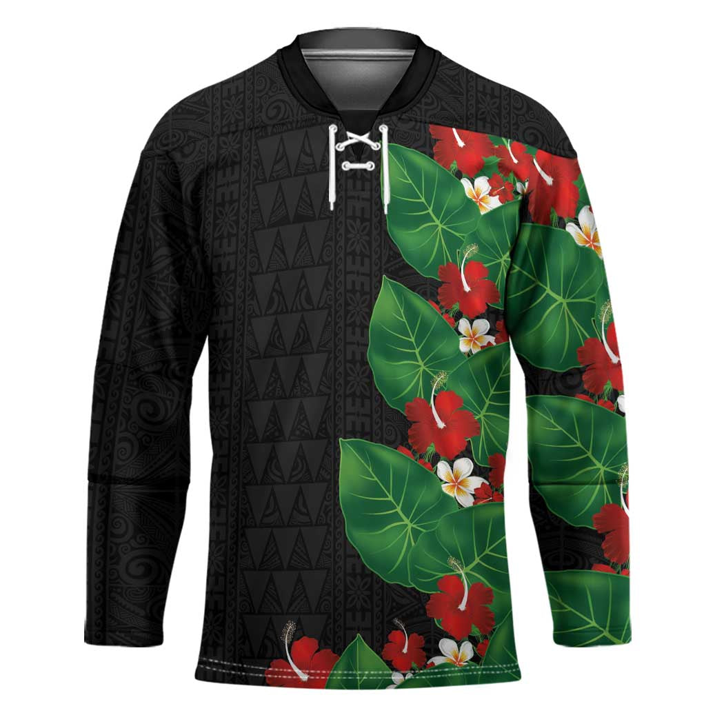 Hawaiian Taro Leaves-Hibiscus and Plumeria Hockey Jersey Polynesian Art-Kakau Tattoo Black LT03