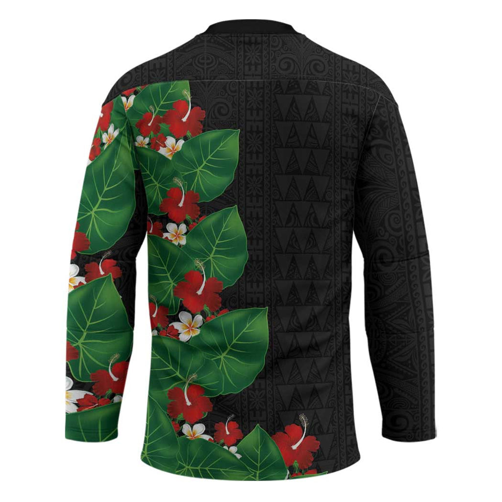 Hawaiian Taro Leaves-Hibiscus and Plumeria Hockey Jersey Polynesian Art-Kakau Tattoo Black LT03
