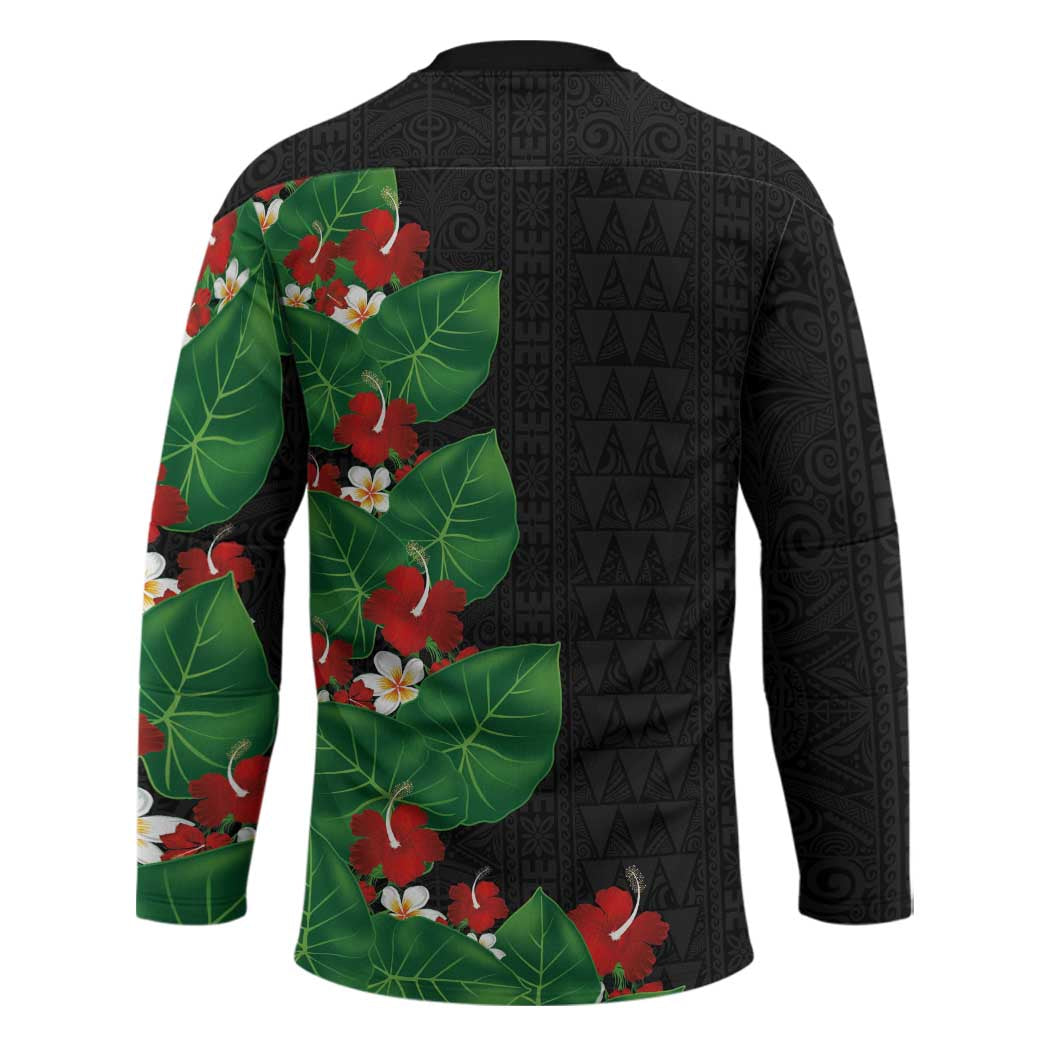 Hawaiian Taro Leaves-Hibiscus and Plumeria Hockey Jersey Polynesian Art-Kakau Tattoo Black LT03