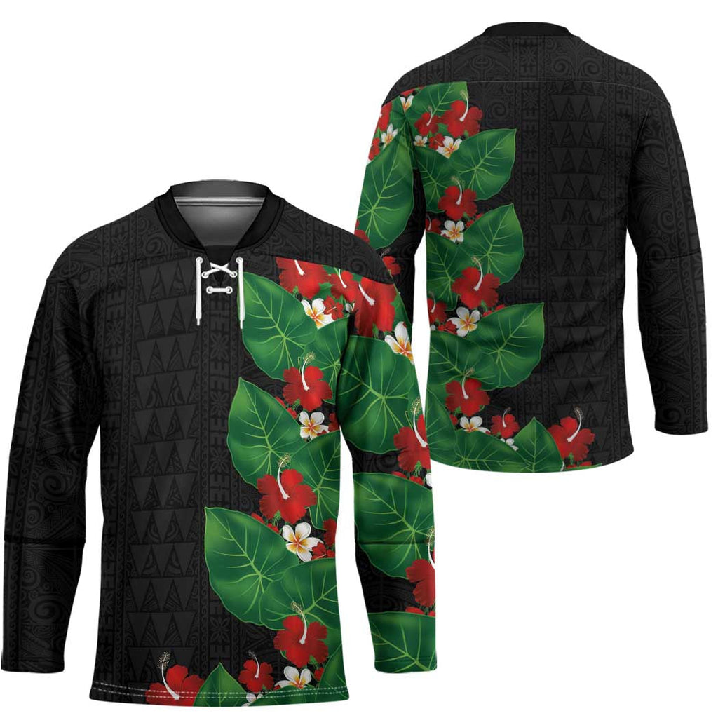 Hawaiian Taro Leaves-Hibiscus and Plumeria Hockey Jersey Polynesian Art-Kakau Tattoo Black LT03