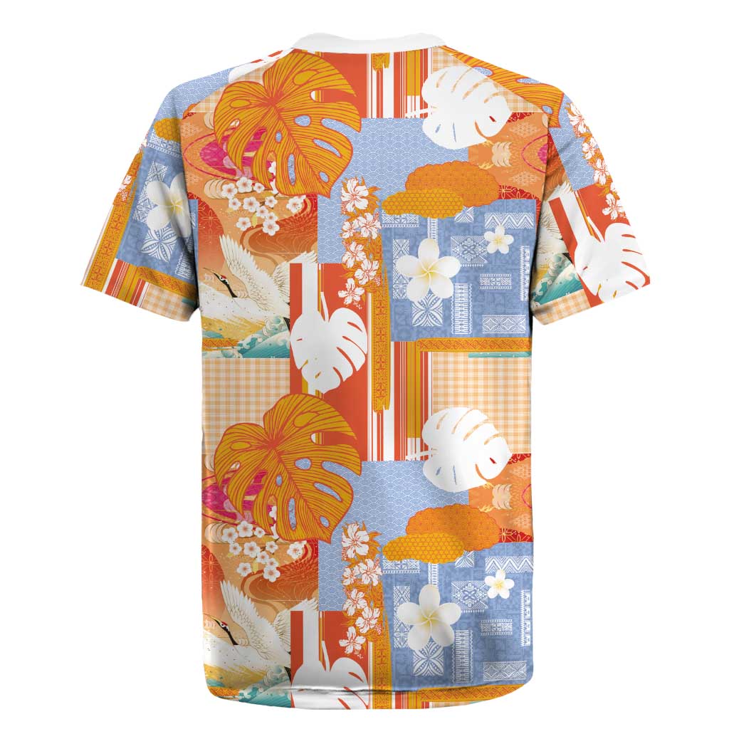 Hawaiian and Japanese Culture Together Rugby Jersey Palaka Japanese Art and Tropical Motif Tribal Patchwork LT03