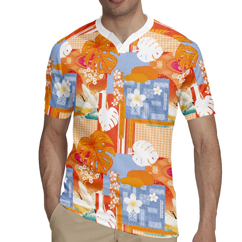 Hawaiian and Japanese Culture Together Rugby Jersey Palaka Japanese Art and Tropical Motif Tribal Patchwork LT03