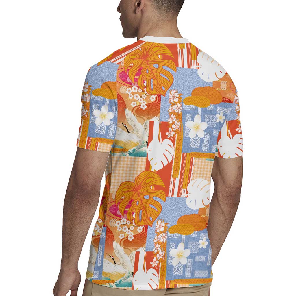 Hawaiian and Japanese Culture Together Rugby Jersey Palaka Japanese Art and Tropical Motif Tribal Patchwork LT03