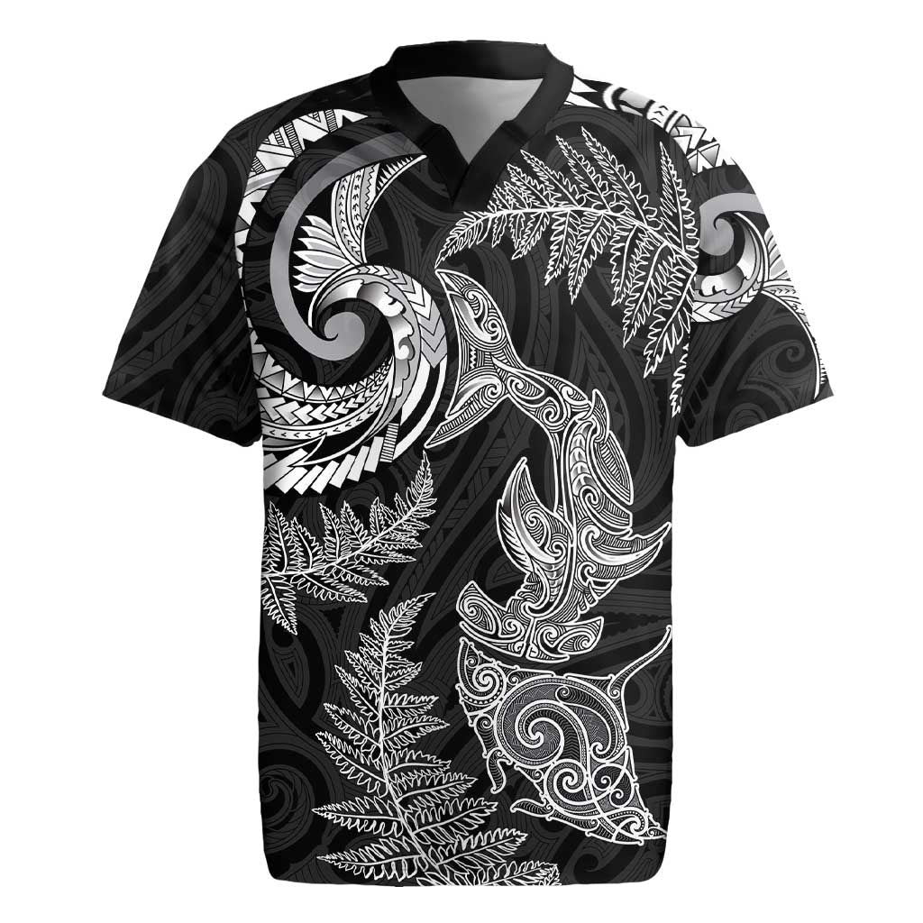 New Zealand Sea Animals with Maori Tribal Tattoo Rugby Jersey Shark Manta Ray with Silver Fern Black LT03