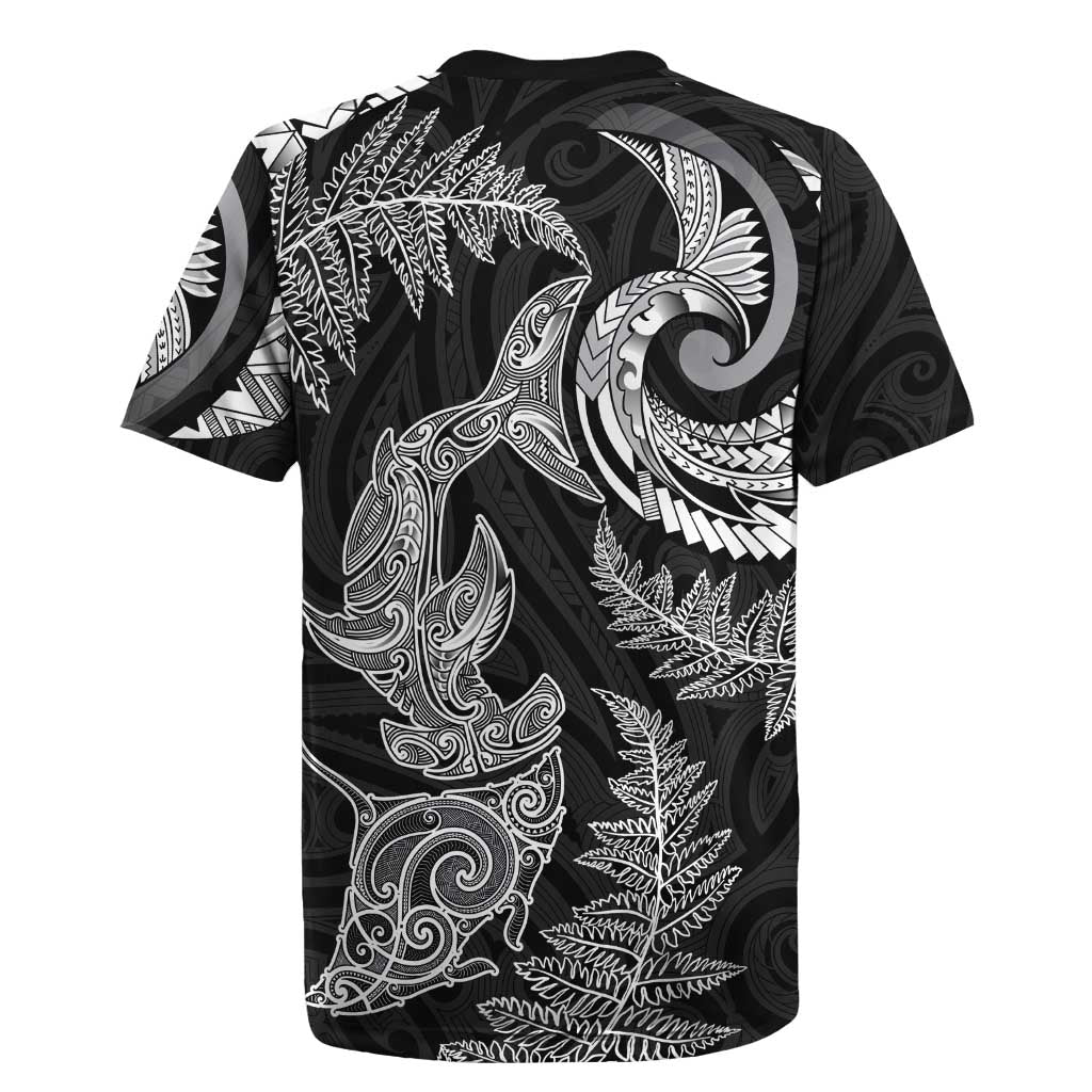 New Zealand Sea Animals with Maori Tribal Tattoo Rugby Jersey Shark Manta Ray with Silver Fern Black LT03
