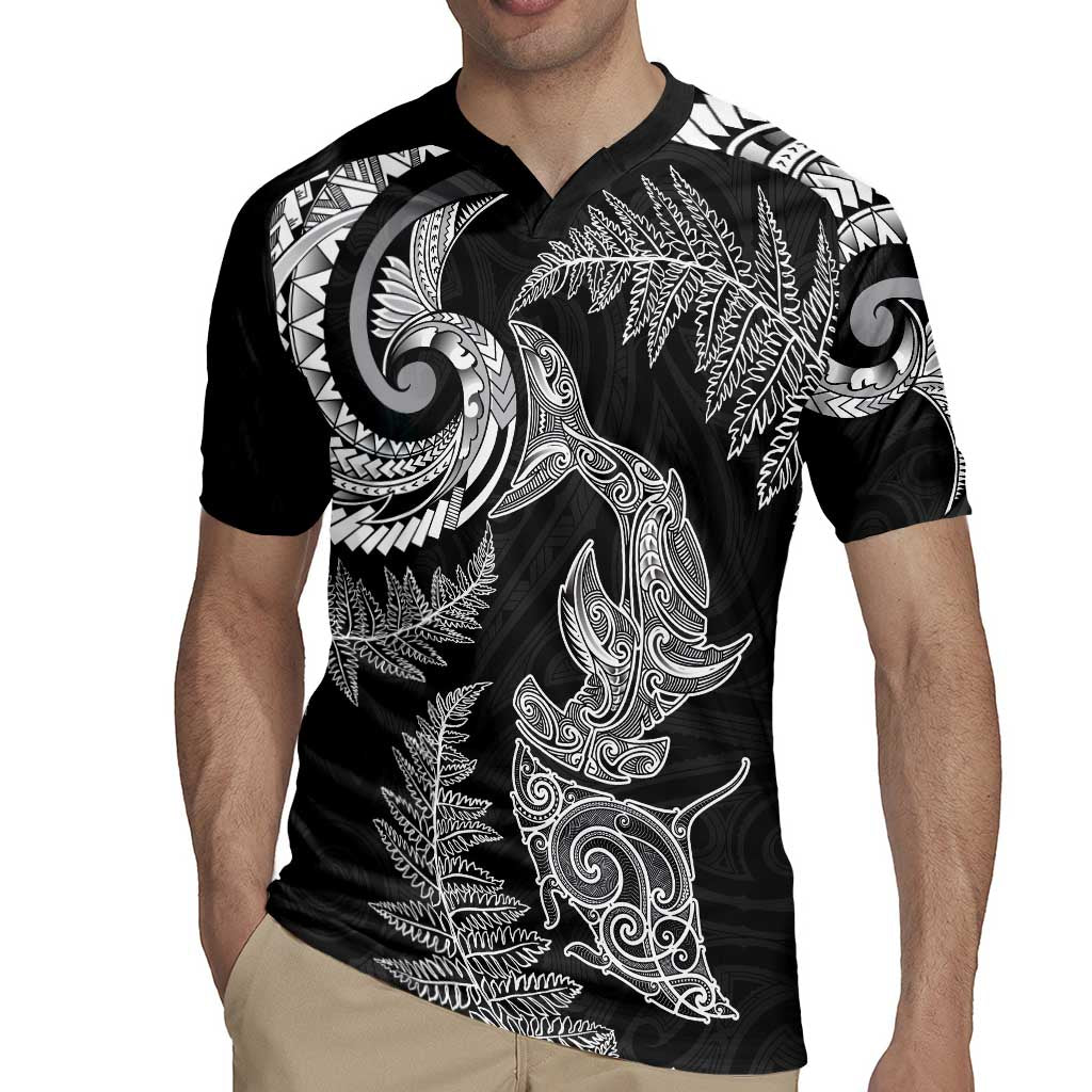 New Zealand Sea Animals with Maori Tribal Tattoo Rugby Jersey Shark Manta Ray with Silver Fern Black LT03
