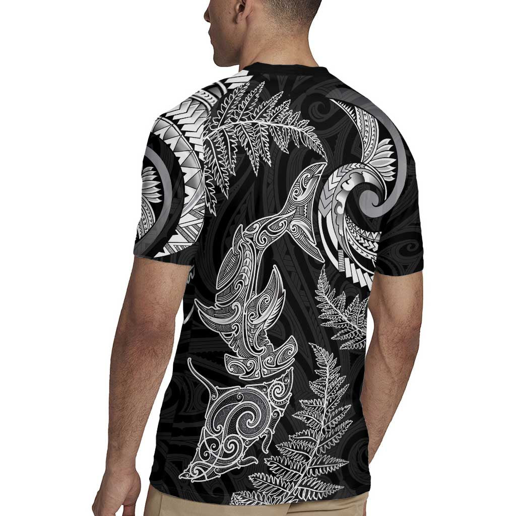 New Zealand Sea Animals with Maori Tribal Tattoo Rugby Jersey Shark Manta Ray with Silver Fern Black LT03
