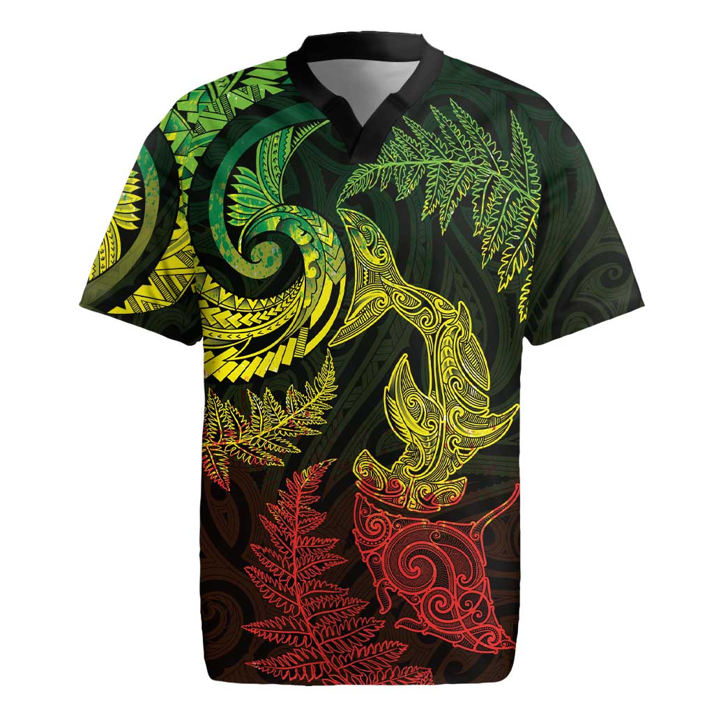 New Zealand Sea Animals with Maori Tribal Tattoo Rugby Jersey Shark Manta Ray with Silver Fern Reggae LT03