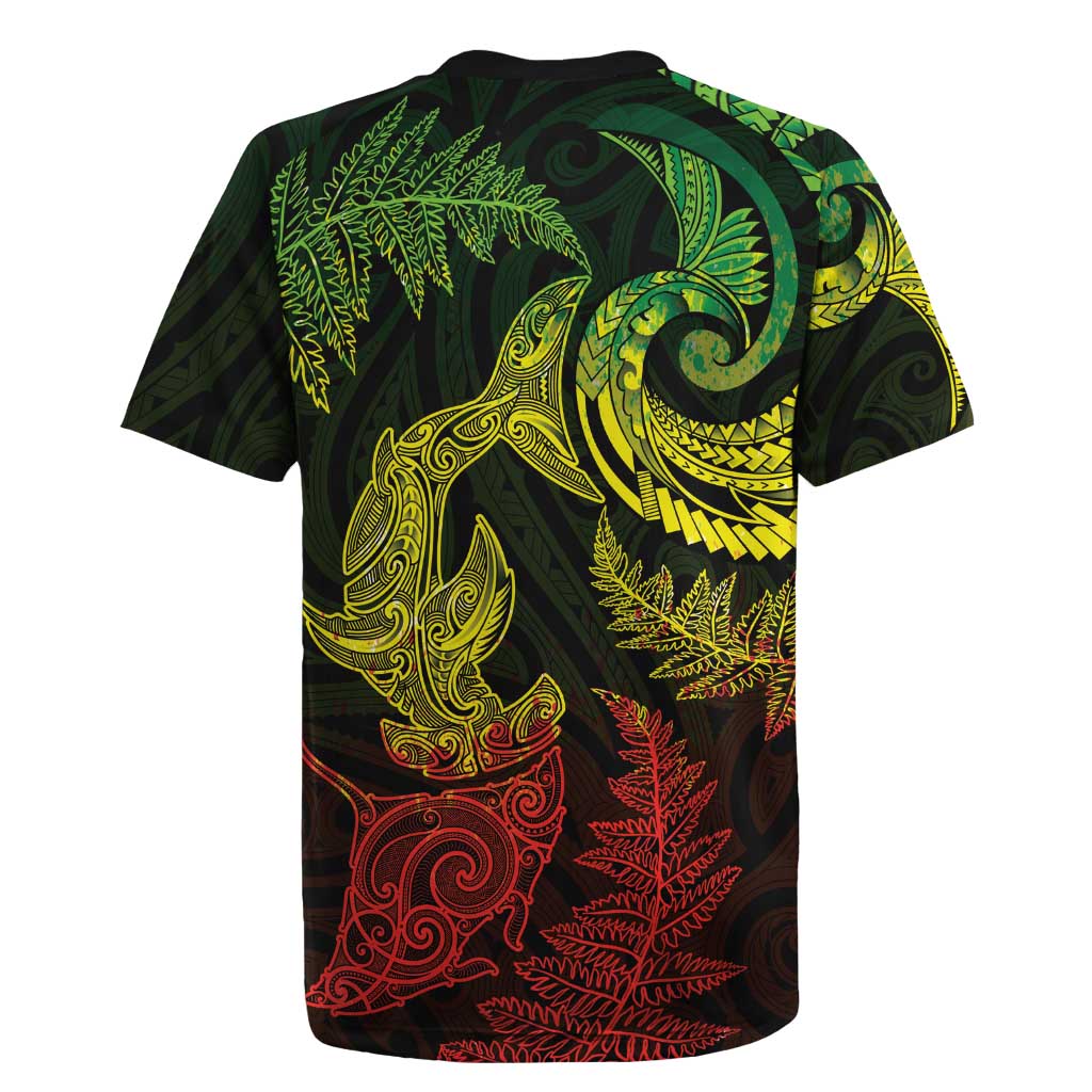 New Zealand Sea Animals with Maori Tribal Tattoo Rugby Jersey Shark Manta Ray with Silver Fern Reggae LT03