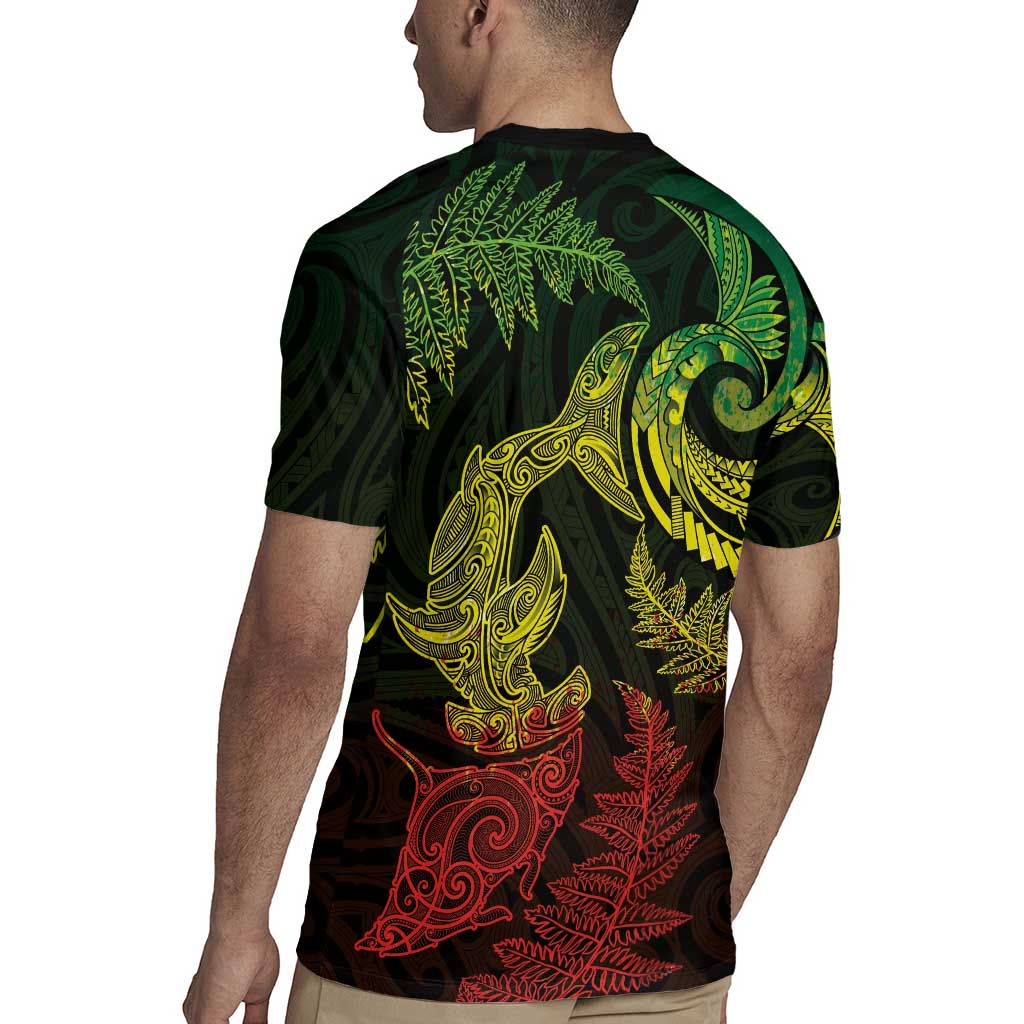 New Zealand Sea Animals with Maori Tribal Tattoo Rugby Jersey Shark Manta Ray with Silver Fern Reggae LT03