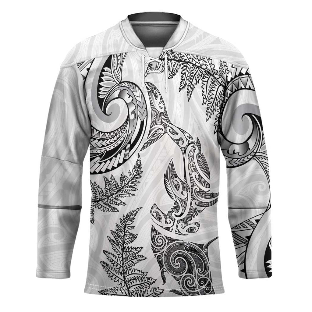 New Zealand Sea Animals with Maori Tribal Tattoo Hockey Jersey Shark Manta Ray with Silver Fern White LT03