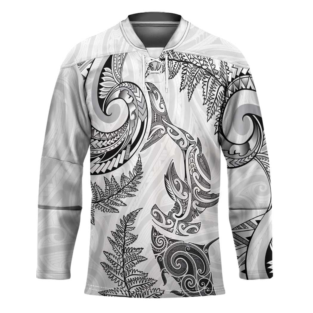 New Zealand Sea Animals with Maori Tribal Tattoo Hockey Jersey Shark Manta Ray with Silver Fern White LT03