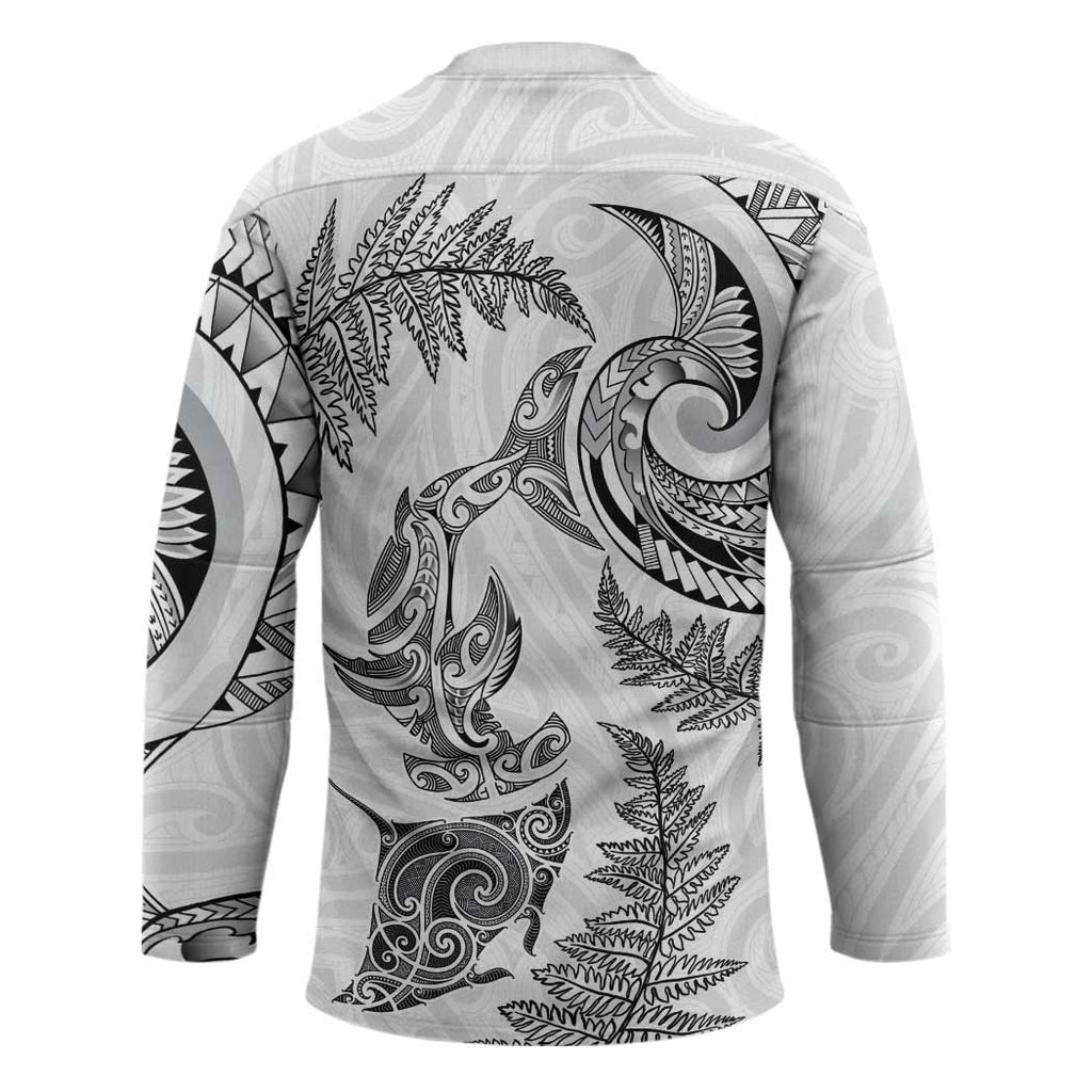 New Zealand Sea Animals with Maori Tribal Tattoo Hockey Jersey Shark Manta Ray with Silver Fern White LT03